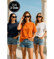 Kadın 3'lü Paket Siyah-Beyaz-Turuncu %100 Pamuk Oversize Basic Tişört Bisiklet Yaka Relaxed T-Shirt
