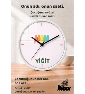 İsme Özel Renkli Kuşlar Çocuk Odası Duvar Saati Orta Boy 30 cm Beyaz Camlı Sessiz