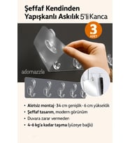 3'lü Şeffaf Yapışkanlı Duvar Askısı, Banyo Askısı, Kapı Askısı, Kanca Askıl
