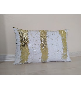 YILMAZHOME Pullu Payetli Dikdörtgen Kırlent Kılıfı - (Beyaz-Lt. Gold)