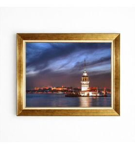 Tablore Işıklı Kız Kulesi Manzaralı Gece Temalı Çerçeveli Duvar Tablosu
