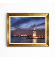 Tablore Işıklı Kız Kulesi Manzaralı Gece Temalı Çerçeveli Duvar Tablosu
