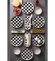 14 Parça 6 Kişilik Stackable Dama Desen Kahvaltı Takımı Handmade Özel Tasarım Kahvaltılık (Siyah - Beyaz)