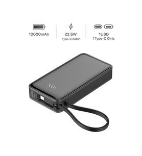 PW109 10000mAh 22.5W Hızlı Şarj Dahili TYPE-C Kablo USB-TYPE-C Giriş Powerbank Digital Display