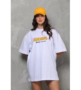 Unisex Bisiklet Yaka Baskılı Oversize T-Shirt - Beyaz
