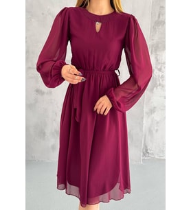 kadın bordo midi boy astarlı şifon elbise NBKKLF2027
