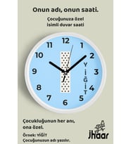 İsme Özel I Harfi Çocuk Odası Duvar Saati Orta Boy 30 cm Beyaz Camlı Sessiz