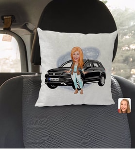 BK Gift Kişiye Özel Plakalı Kadın Seat Ateca Karikatürlü Kare Araç Koltuk Yastığı-2