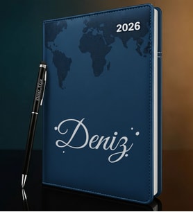 BK Gift Kişiye Özel İsimli Termo Sert Kapak 2026 Lacivert Ajanda & Kalem -3, Öğretmenler Günü Hediyesi, Yeni İş Hediyesi