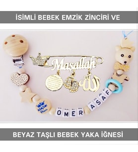 Sahi Aksesuar İsimli Bebek Emzik Zinciri ve Beyaz Taşlı Bebek Yaka İğnesi BEZYI004