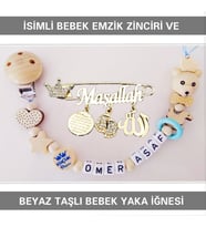 Sahi Aksesuar İsimli Bebek Emzik Zinciri ve Beyaz Taşlı Bebek Yaka İğnesi BEZYI004