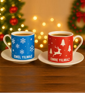 Kişiye Özel YIlbaşı İsim Soyisim Tasarımlı Çift Kahve Fincanı