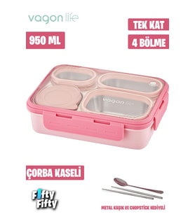 Vagonlife Lunch Box 950 ML Paslanmaz Çelik Tek Kat Dört Bölmeli Çorba Kaseli Metal Kaşıklı-FFLBOX7099 (Pembe)