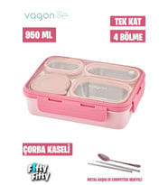 Vagonlife Lunch Box 950 ML Paslanmaz Çelik Tek Kat Dört Bölmeli Çorba Kaseli Metal Kaşıklı-FFLBOX7099 (Pembe)