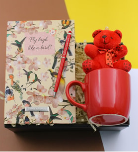 Kişiye Özel Tasarım Kuş Desenli Defter, Kırmızı Kalem, Kırmızı Kupa ve Peluş Ayıcık Anahtarlık Hediye Seti