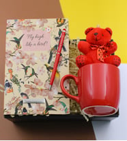 Kişiye Özel Tasarım Kuş Desenli Defter, Kırmızı Kalem, Kırmızı Kupa ve Peluş Ayıcık Anahtarlık Hediye Seti