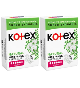 Kotex Ultra Natural Uzun Ped 16'lı x 2 Paket (Toplam 32 Ped) %100 Pamuk, Vegan ve Hipoalerjenik