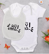 BK Kids Riv Riv Etma Tasarımlı Bebek Body Zıbın ve Mama Önlüğü Hediye Seti - Model 1