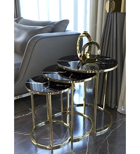 3' Lü Siyah Mermer Gold Metal Sehpa
