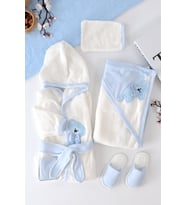 Erkek Bebek Bear Bornoz Takımı  Havlu Seti % 100 Pamuk Kumaş 0- 2 Yaş STL6986 (Beyaz)