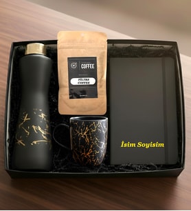 Kişiye Özel İsimli Siyah & Gold Mermer Desenli Kahve Lüx Hediye Seti Cam Suluk Matara, Kupa, Defter ve Filtre Kahve Kutusu