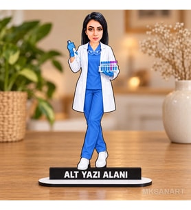 Kişiye Özel Kadin Laboratuvar Teknisyeni Kisiye Karikatürlü 18 cm MDF Masaüstü Biblo - Kadin Laboratuvar Teknisyeni Kisiye Hediyesi Mühendise ve Teknik Meslek Sahibine Hediye