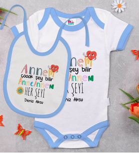BK Kids Kişiye Özel Annem Çok Şey Bilir Tasarımlı Mavi Bebek Body Zıbın ve Mama Önlüğü Hediye Seti