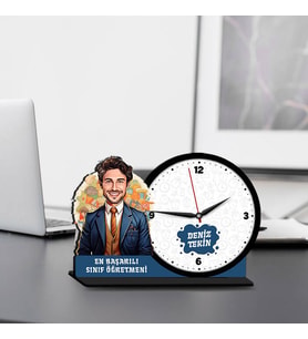 Erkek Sınıf Öğretmenine Hediye Karikatürlü MDF Masa Saati