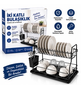 SİYAH - METAL 2 KATLI TABAKLIK - BULAŞIKLIK (5680)