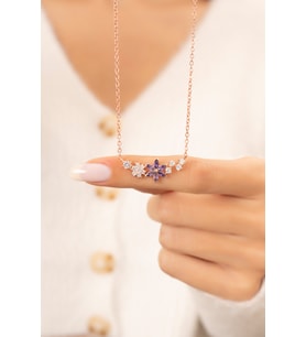 Unutma Beni Çiçeği Mor Taşlı 14 K Rose Gold Kaplama Kadın Kolye