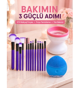 3’lü Güzellik ve Kişisel Bakım Seti 12’li Makyaj Fırçası Fırça Temizleme Cihazı ve Yüz Temizleme Cihazı
