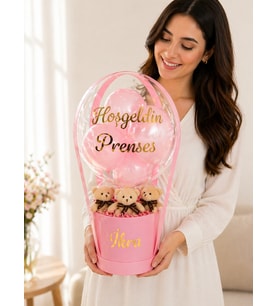 Pembe Silindir Kutuda Krem Ayıcıklı Kişiye Özel İsim Baskılı Premium Balon Kutusu Yenidoğan Kız Bebek Hoşgeldin Bebek Balon Kutusu