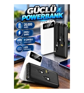 Hızlı Şarj Destekli 20.000 mAh Powerbank 4 Çıkışlı Siyah LED Göstergeli