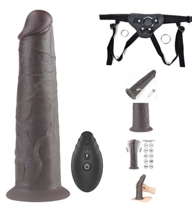 Dual Layer Platinyum Siyah 20 Cm Silikon Kumandalı Şarjlı Dönebilen Titreşimli Kemerli Penis