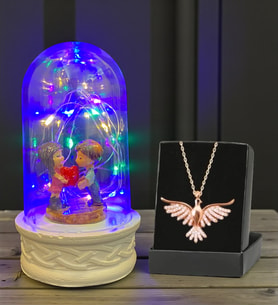 Renkli Led Işıklı Tasarım Fanus ve Zümrüdü Anka Kuşu Kolye Seti (Model 5)