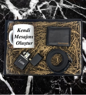Kişiye Özel Premium Kendi Mesajını Oluştur Tasarımlı Kupa Bardak Cüzdan Kemer Çakmak Özel Hediye Seti