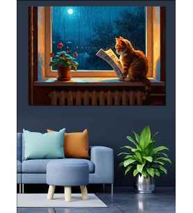 Pencere Kenarında Kitap Okuyan Kedi Dekoratif Kanvas - Mdf Ahşap Tablo