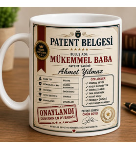 Kişiye Özel Patent Belgesi Baba Kupası İsme Özel Beyaz Seramik Kupa Bardak 330 ml Kahve ve Çay Kupası