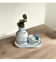Lotusorium Taş Tozu Kalıbında %100 Doğal Kokulu Soya Mum,Vazo ve Tabak 3lü Set,Hediyelik Set,Dekoratif Obje (Siyah-Mavi)