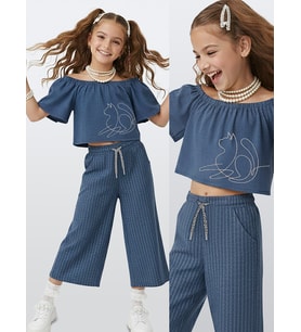 Kız Çocuk Takım Denim Görünümlü Bluz Pantolon Dokuma Yazlık 4-10 Yaş (Mavi)