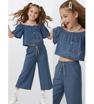 Kız Çocuk Takım Denim Görünümlü Bluz Pantolon Dokuma Yazlık 4-10 Yaş (Mavi)