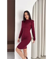 kadın bordo dik yaka vatkalı taş detaylı mini elbise NBK5001