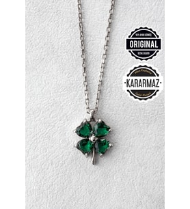 Jewelmim Yeşil Taşlı Dört 4 Yapraklı Yonca Gümüş Kolye Beyaz Altın Kaplama 925 Ayar Kadın Gümüş Yonca Kolye (Beyaz)