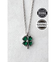Jewelmim Yeşil Taşlı Dört 4 Yapraklı Yonca Gümüş Kolye Beyaz Altın Kaplama 925 Ayar Kadın Gümüş Yonca Kolye (Beyaz)