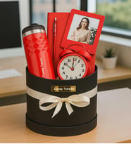 Kişiye Özel Fotoğraflı,Çerçeve,Defter,Kalem,Masa Saati Ve Termos Premium Silindir Kutu Hediye Seti (STD)