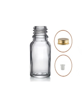 20ml şeffaf şişe sarı metal düz kapaklı, 24 adet, cam şişe, esans şişesi, yağ şişesi, kozmetik şişesi