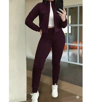 Kadın Uzun Kollu önden Fermuarlı Kısa Modal Mor Ceket Ve Pantolon Ikili Takım