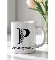 Kişiselleştirilebilir P Harfi Tasarımlı 330ml Baskılı Beyaz Seramik Kupa Bardak (Siyah Beyaz Baskili)