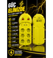 6'lı Grup Priz 2 USB'li 1.5 Metre Akım Korumalı Çift Anahtarlı Uzatma Kablosu 16A 250V Ev Ofis