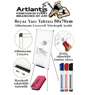 Ayaklı Beyaz Yazı Tahtası 50x70 cm Teleskobik Ayaklı 1 Adet Alüminyum Kolay Silinebilir Ergomik Beyaz Yazı Tahtası